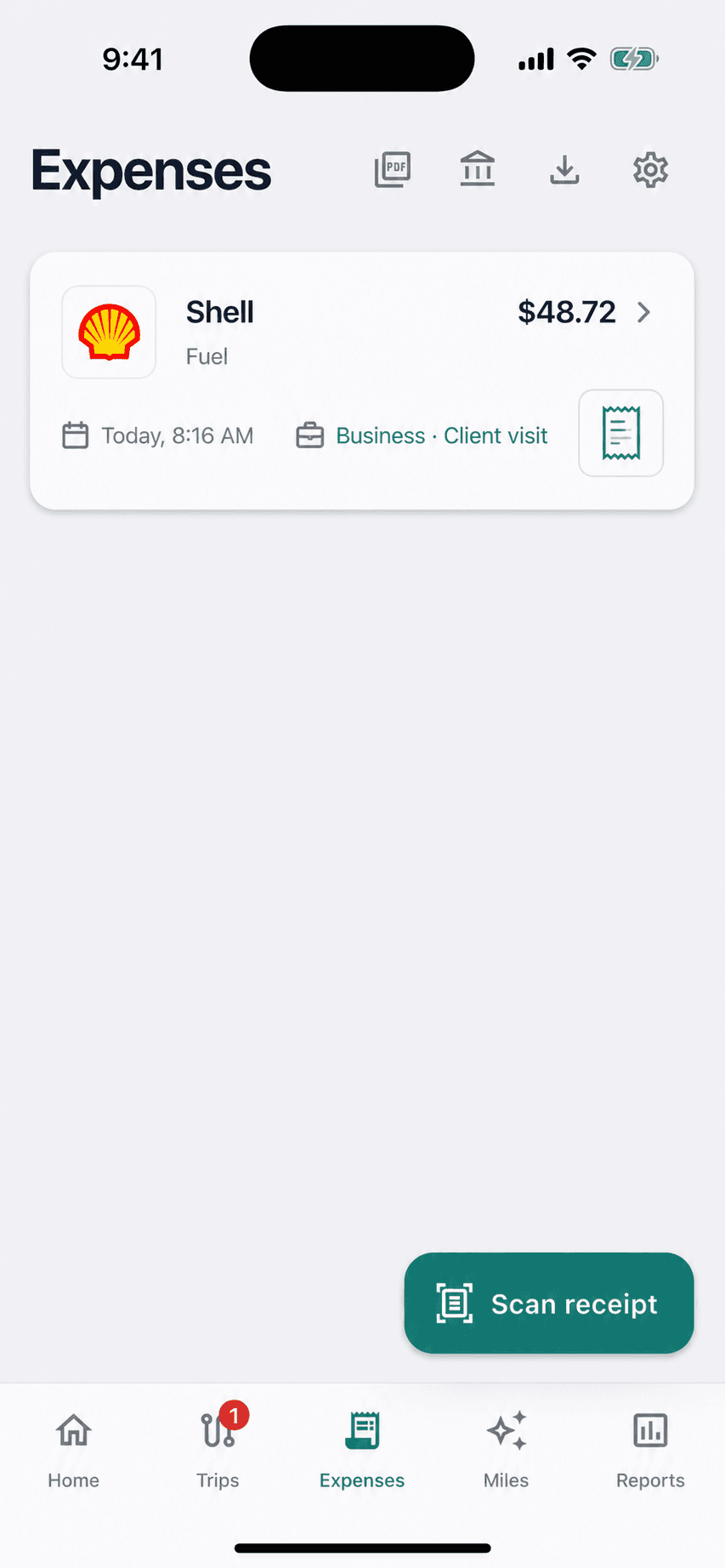 MileSpend expenses screen showing a business fuel expense