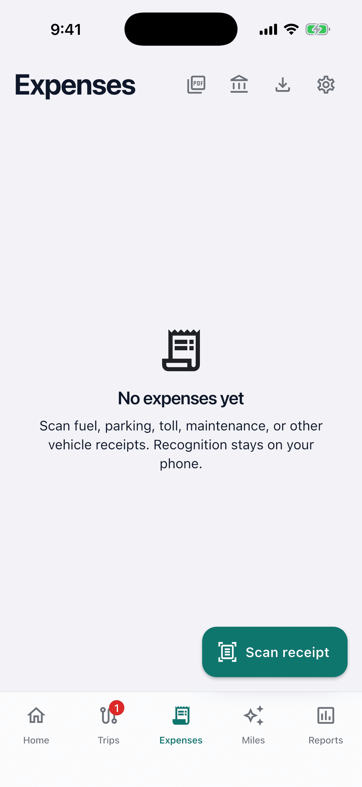 MileSpend expenses screen with on-device receipt scanning