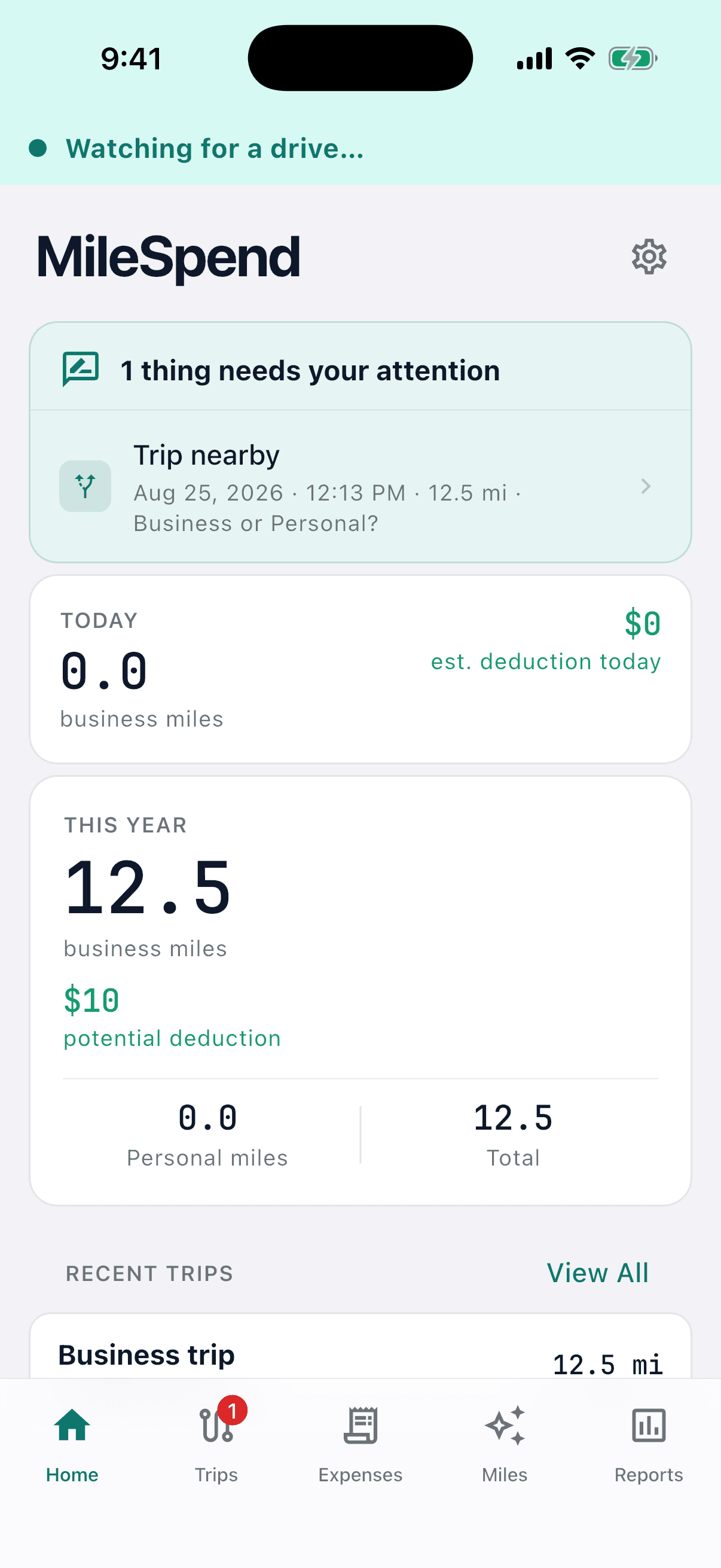 MileSpend home screen showing automatic drive monitoring, yearly business miles, and estimated deduction