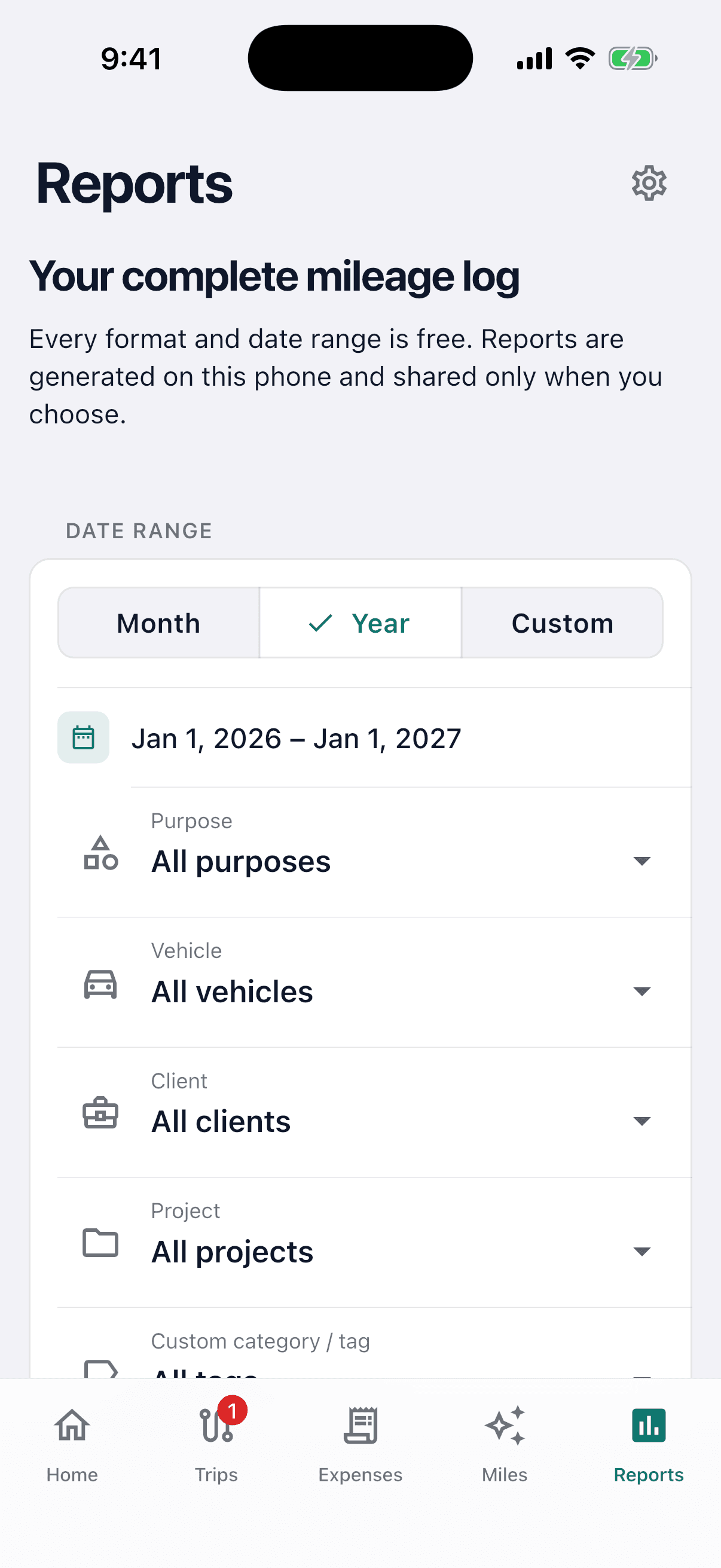 MileSpend report builder with date, purpose, vehicle, client, and project filters