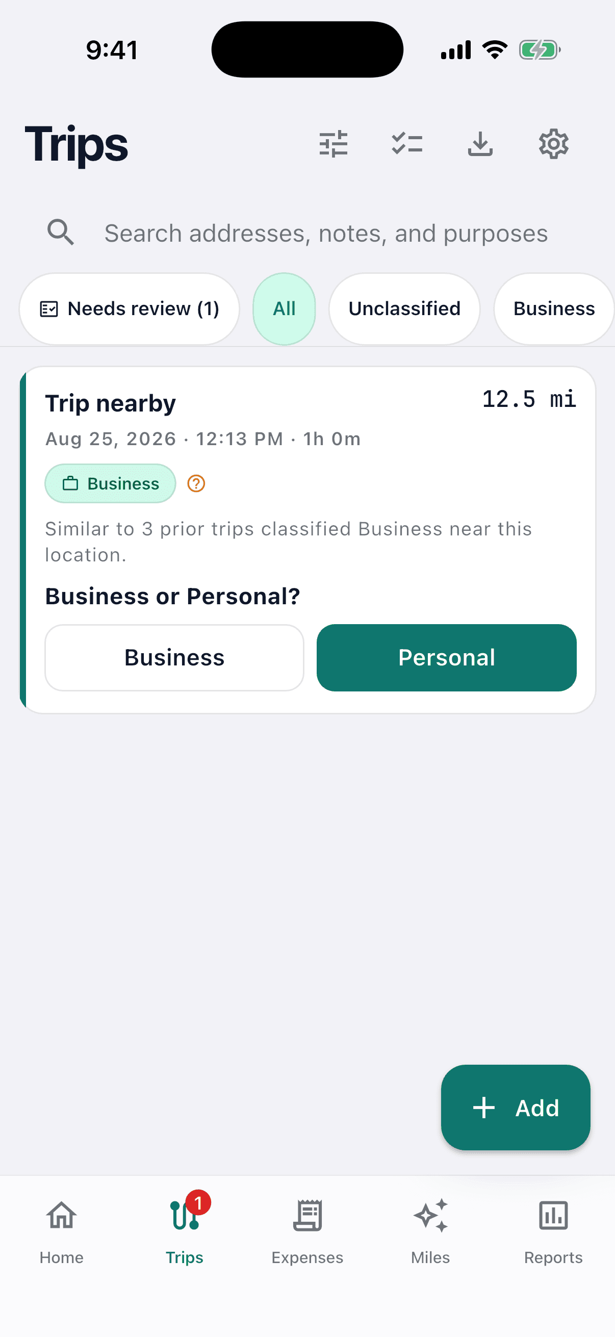 Trip review screen with a one-tap Business or Personal classification